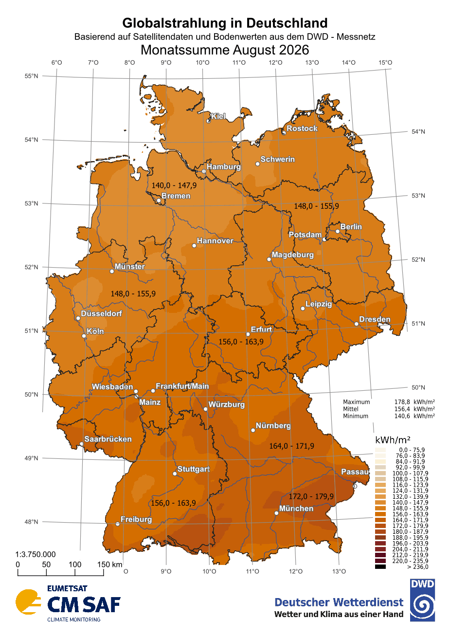 Globalstrahlung in Deutschland im August 2026