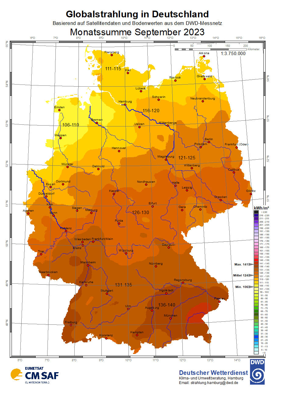 Globalstrahlung in Deutschland im September 2023