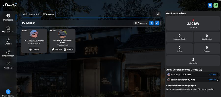Shelly App Dashboard mit beiden Photovoltaik-Anlagen (2.520 Watt Hauptanlage und 600 Watt Balkonkraftwerk)